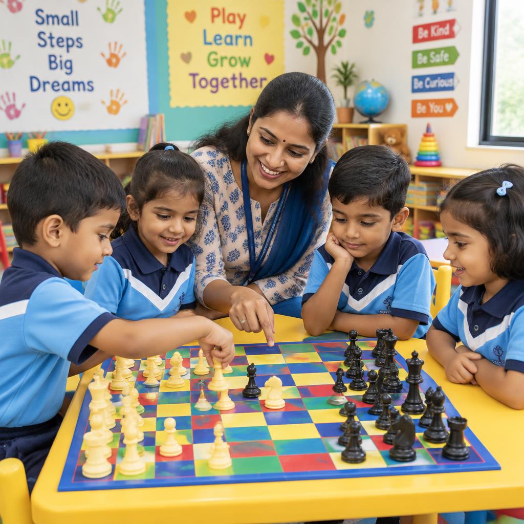 Archer Kids students learning chess with their teacher