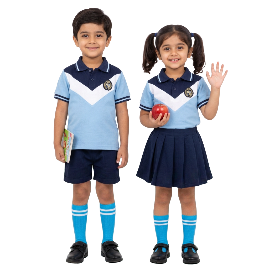 Two smiling Archer Kids students in the sky blue and navy school uniform
